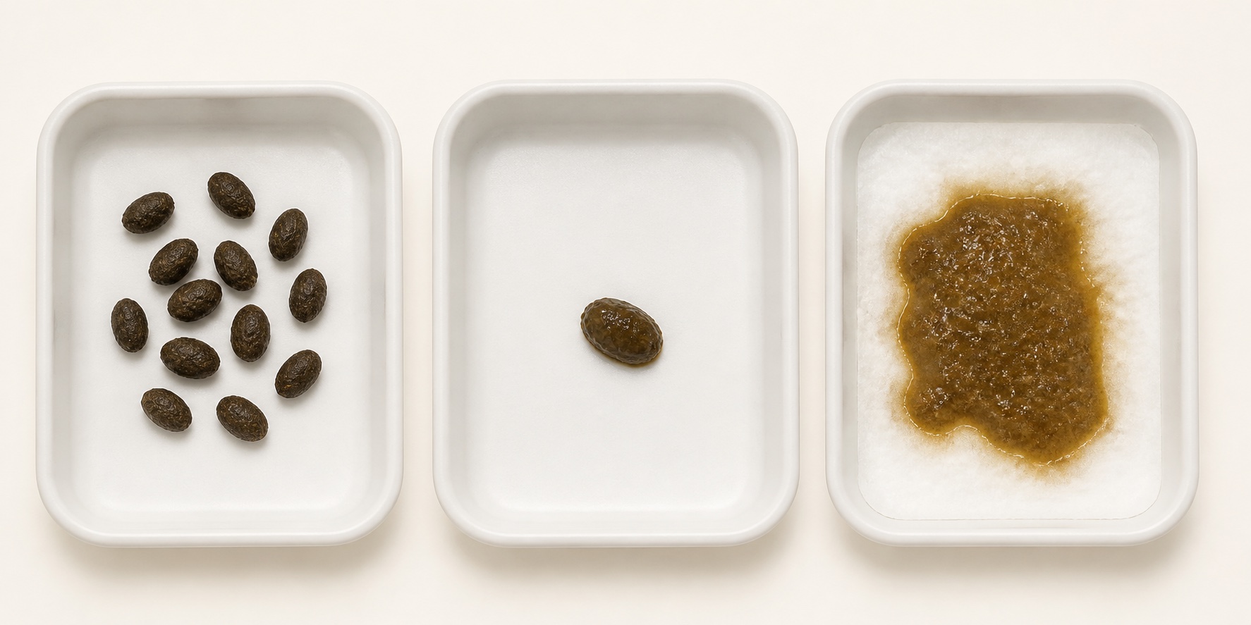 왼쪽에는 마르고 단단한 타원형 정상 변이 여러 개 있고, 가운데에는 모양을 유지한 부드럽고 촉촉한 변 하나가 있으며, 오른쪽에는 흡수 패드에 넓게 스며든 형태 없는 물설사가 있다.