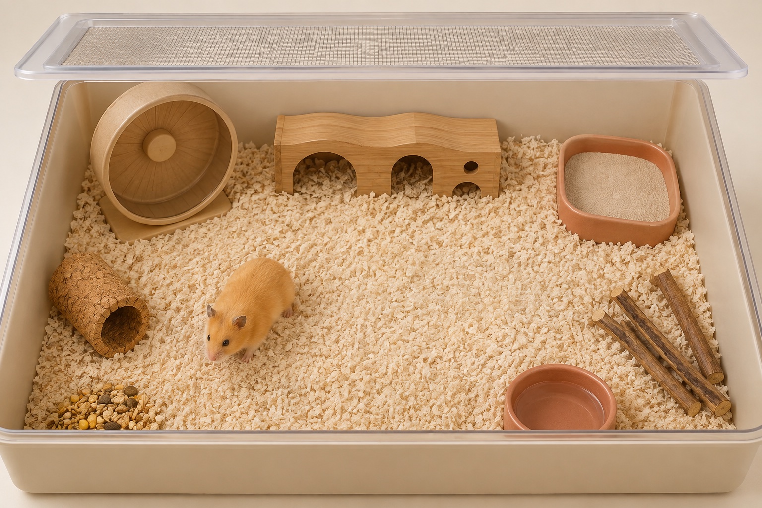 골든햄스터 한 마리의 넓은 단층 사육장에 큰 고형 챗바퀴, 다실 은신처, 모래목욕통, 물그릇, 코르크 터널과 씹을 나뭇가지를 가장자리에 두고 중앙과 둘레에 이어진 이동 공간을 남긴 장면