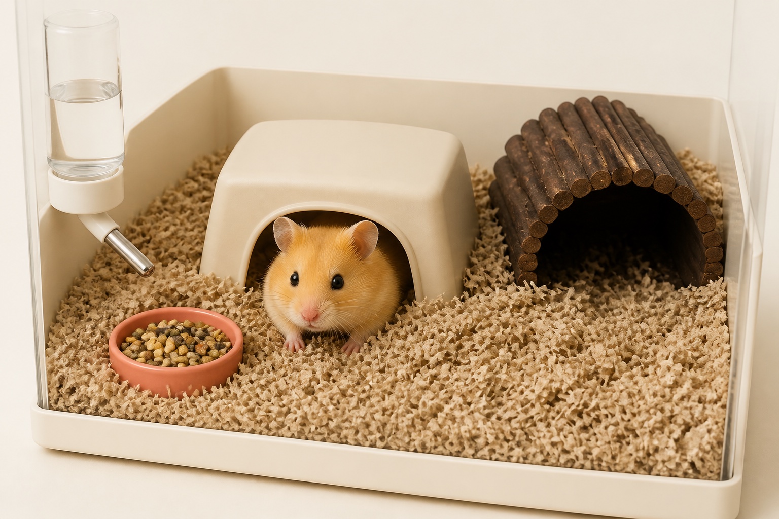 어린 시리안 햄스터 한 마리가 깊고 마른 종이 바닥재 위 은신처에서 나오고 있으며, 가까이에 깨끗한 급수기와 평소 먹던 마른 먹이가 놓여 있다.