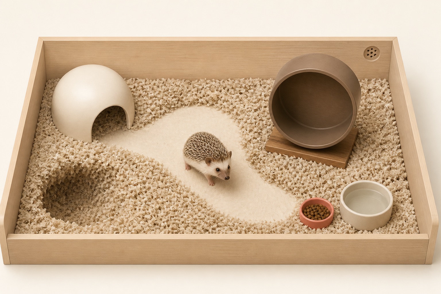 아프리카 피그미 고슴도치 한 마리가 지내는 단층 사육장에 은신처, 통바닥 쳇바퀴, 물과 먹이 그릇, 깊은 종이 바닥재 구역이 가장자리에 나뉘어 있고 가운데에는 이어진 열린 이동로가 남아 있다.