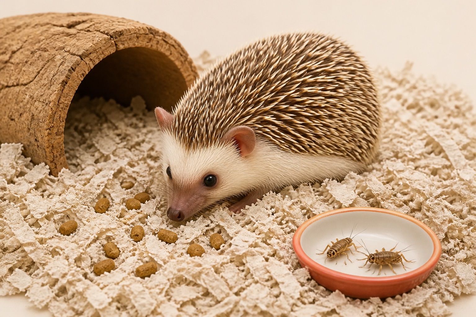 아프리카 피그미 고슴도치 한 마리가 깨끗한 종이 바닥재와 코르크 은신처 앞에 흩어진 균일한 건식 주식을 찾고 있고, 옆의 작은 그릇에는 먹이곤충 두 마리가 따로 담겨 있다.